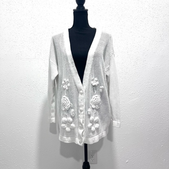 Express Tricot vintage white Floral Cardigan Sweater L - Picture 3 of 11